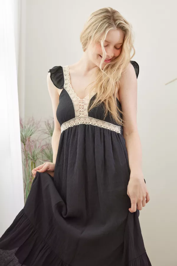 Ruffle Sleeveless Midi Dress with Lace Detail