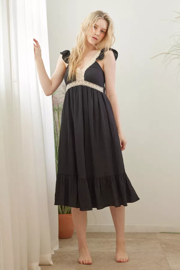 Ruffle Sleeveless Midi Dress with Lace Detail