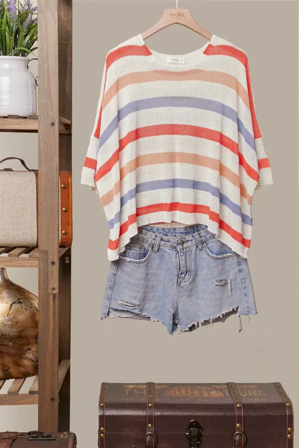 wholesale clothing loose fit multicolor striped knit top mello