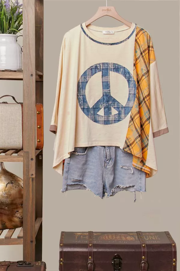 wholesale clothing plaid accent peace graphic top mello