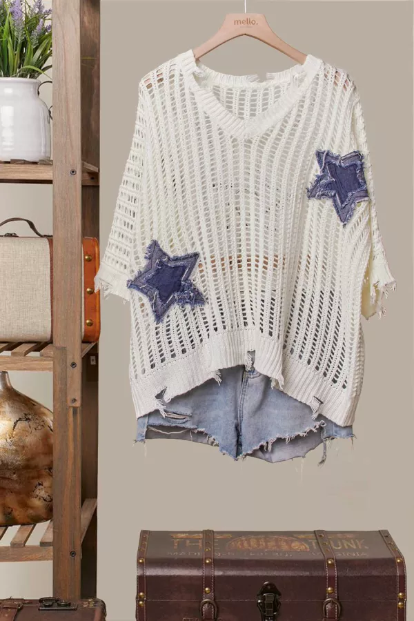 wholesale clothing distressed star knit pullover mello