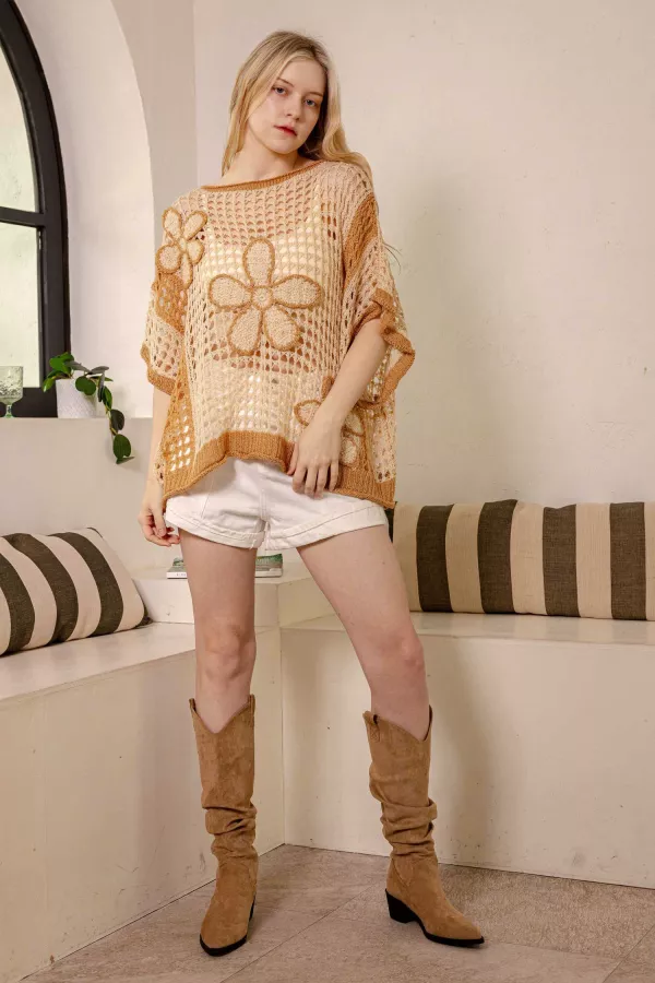 XTONZのCarnival color combination round short sleeve knit Orange Long Sleeve V-Neck Mini Crochet Cover-Up