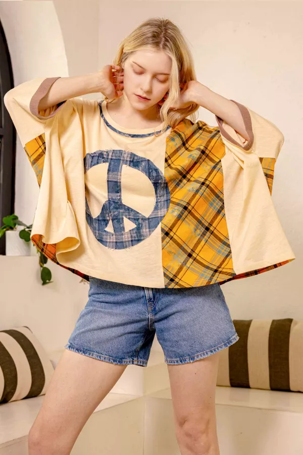 wholesale clothing plaid accent peace graphic top mello