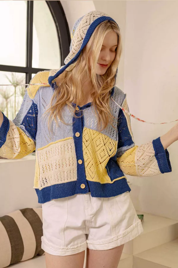 wholesale clothing patchwork knit hoodie cardigan with button detail mello