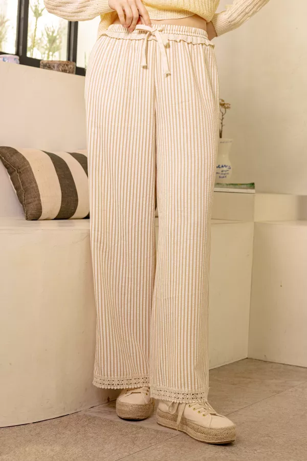 wholesale clothing striped wide-leg pants with lace hem mello
