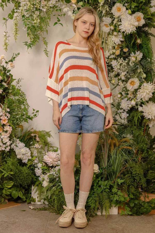 Loose Fit Multicolor Striped Knit Top