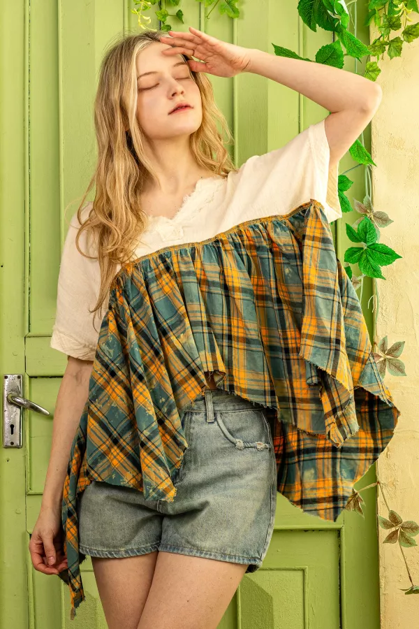 wholesale clothing plaid hem v-neck layered top mello