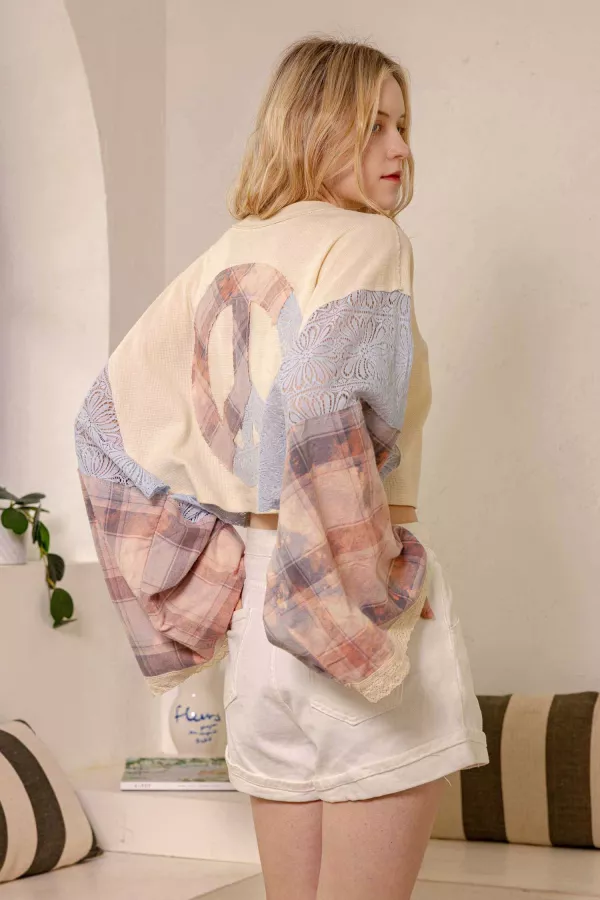 wholesale clothing peace sign patchwork top mello