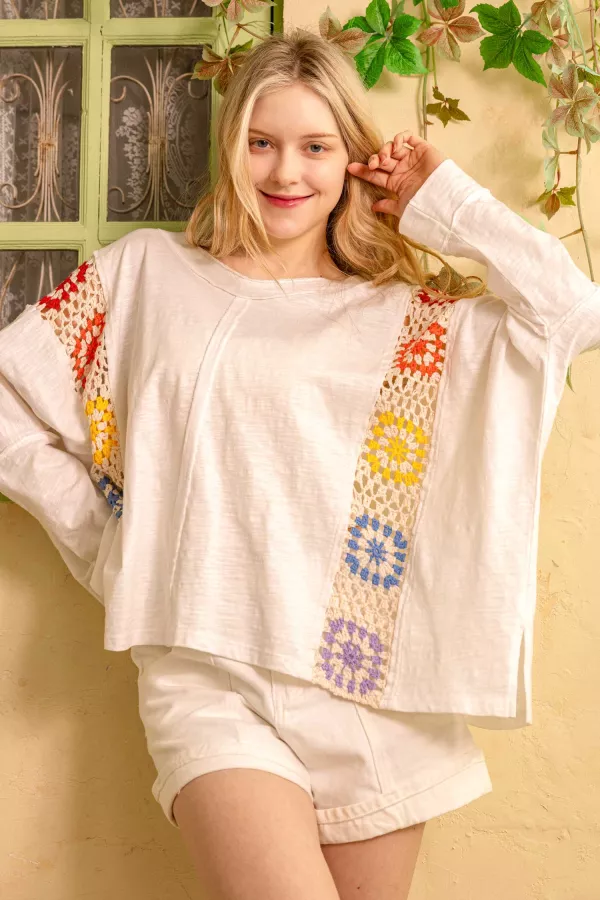 wholesale clothing oversized top with crochet panels mello