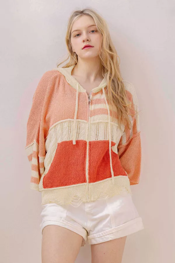 wholesale clothing stripe distressed knit hoodie mello
