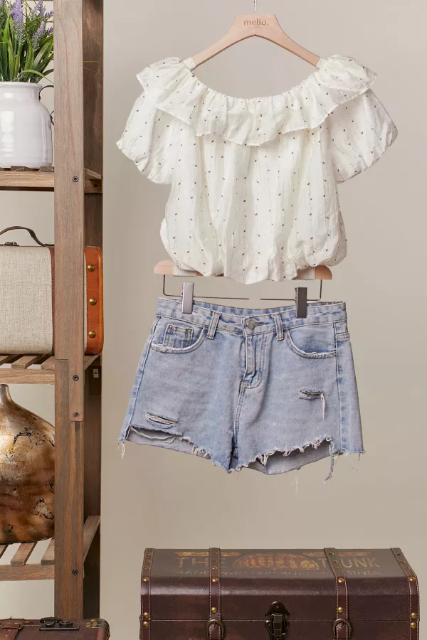 wholesale clothing printed ruffle off shoulder short sleeve top mello