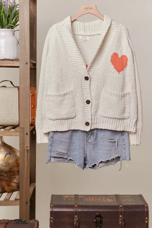 wholesale clothing collar heart  v-neck pocket knit cardigan mello