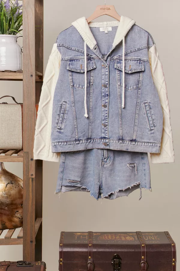 wholesale clothing cable knit sleeve denim jacket mello