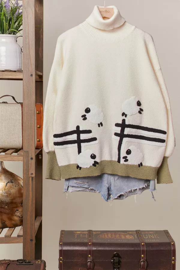 wholesale clothing turtle neck knit  sweater with sheep patch mello