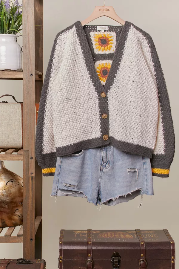 wholesale clothing color block sunflower crochet v neck cardigan mello