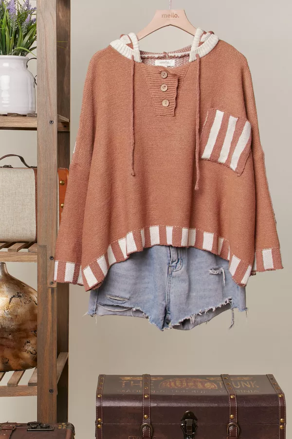 wholesale clothing color block stripe hoodie knit sweater mello
