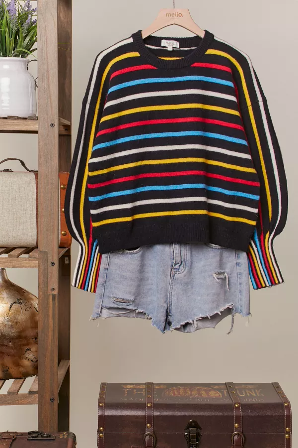 wholesale clothing stripe puff sleeve sweater mello