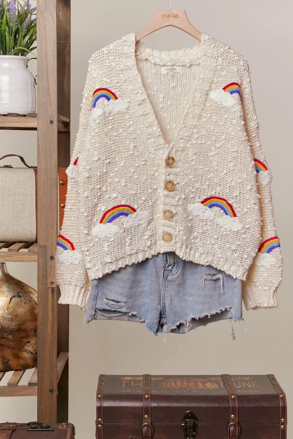 wholesale clothing v neck cardigan with rainbow overstitch mello