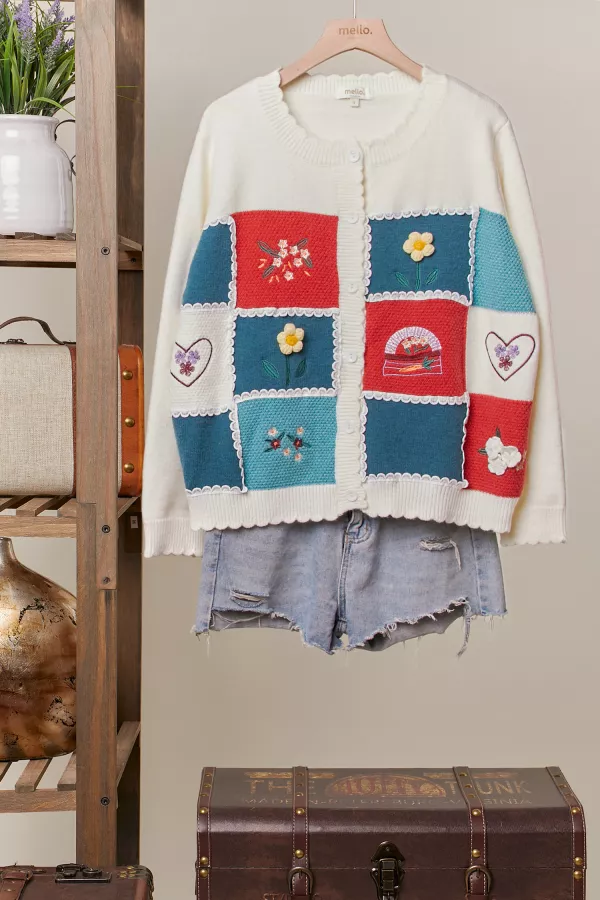 wholesale clothing color block patchwork knit cardigan mello