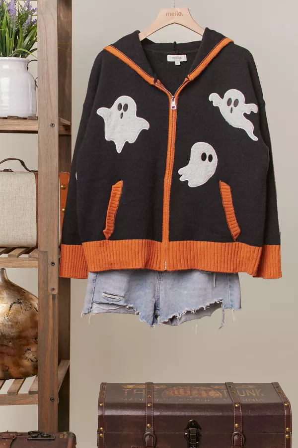 wholesale clothing halloween ghost patch zip up hoodie mello