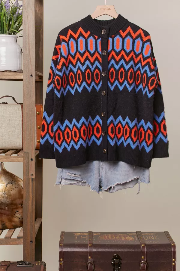 wholesale clothing geometric pattern round neck cardigan mello