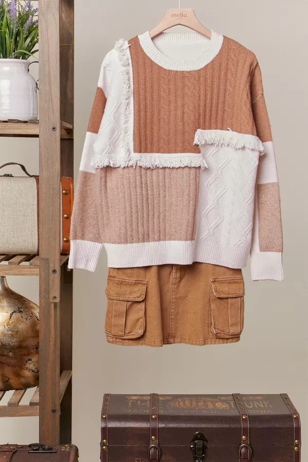 wholesale clothing color block cable sweater with tassel mello