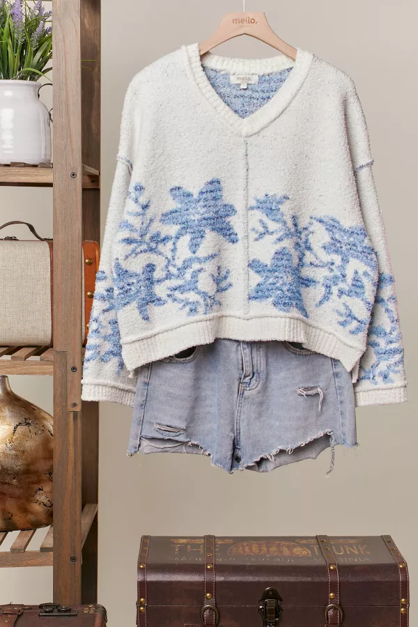 wholesale clothing floral pattern v neck knit mello