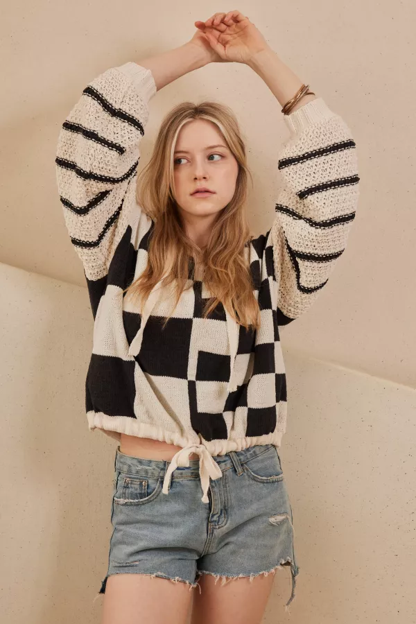 wholesale clothing hooded multi checker drawstring sweater mello