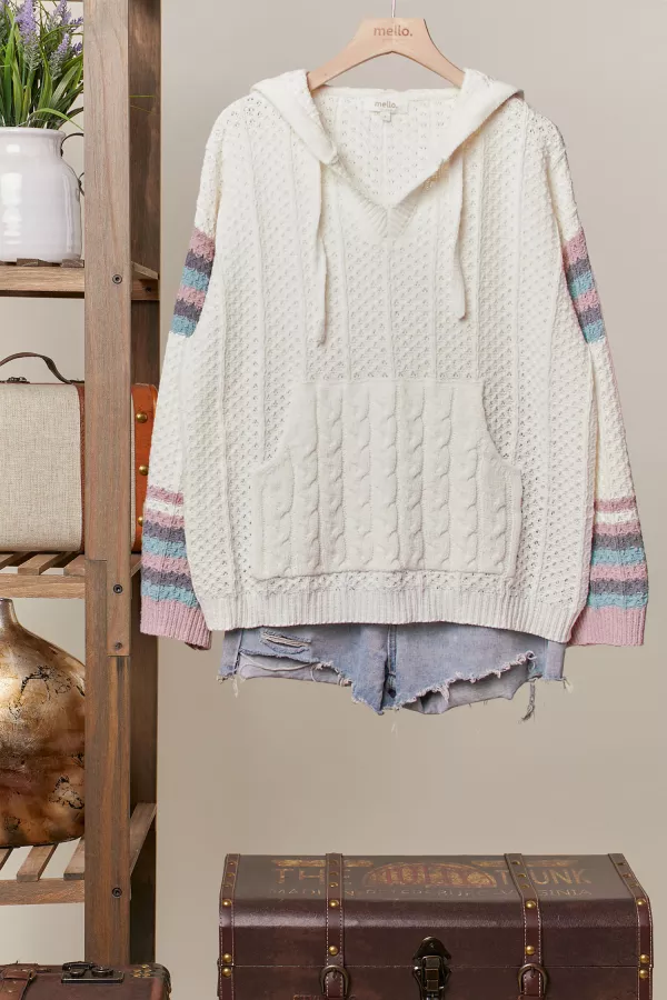 wholesale clothing striped cable front pouch pocket hoodie knit mello