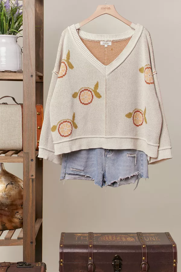 wholesale clothing oversized orange pattern v knit sweater mello