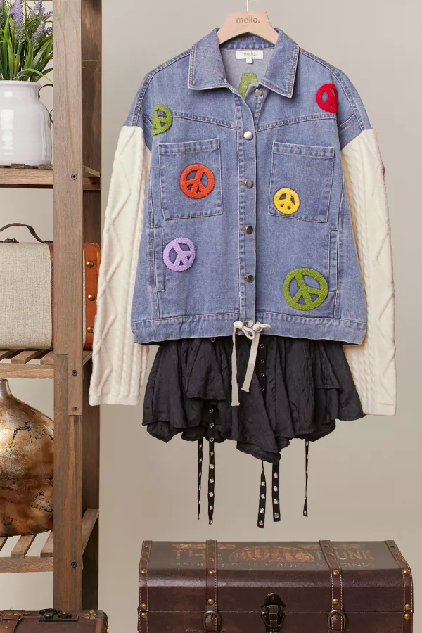 wholesale clothing cable knit sleeve denim jacket with patchwork mello
