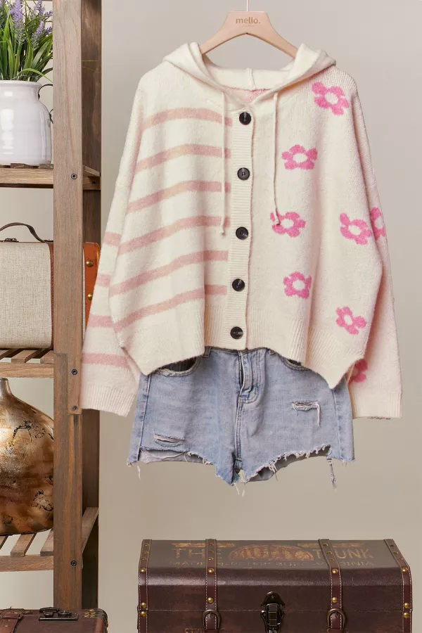 wholesale clothing floral stripe hooded cardigan mello