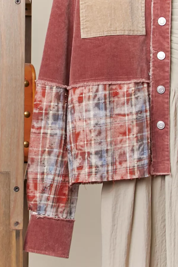 Corduroy  Color Block Plaid Shirt Jacket