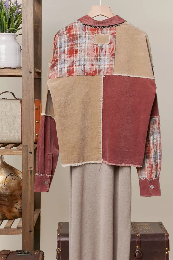 Corduroy  Color Block Plaid Shirt Jacket