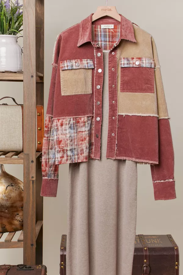 wholesale clothing corduroy  color block plaid shirt jacket mello