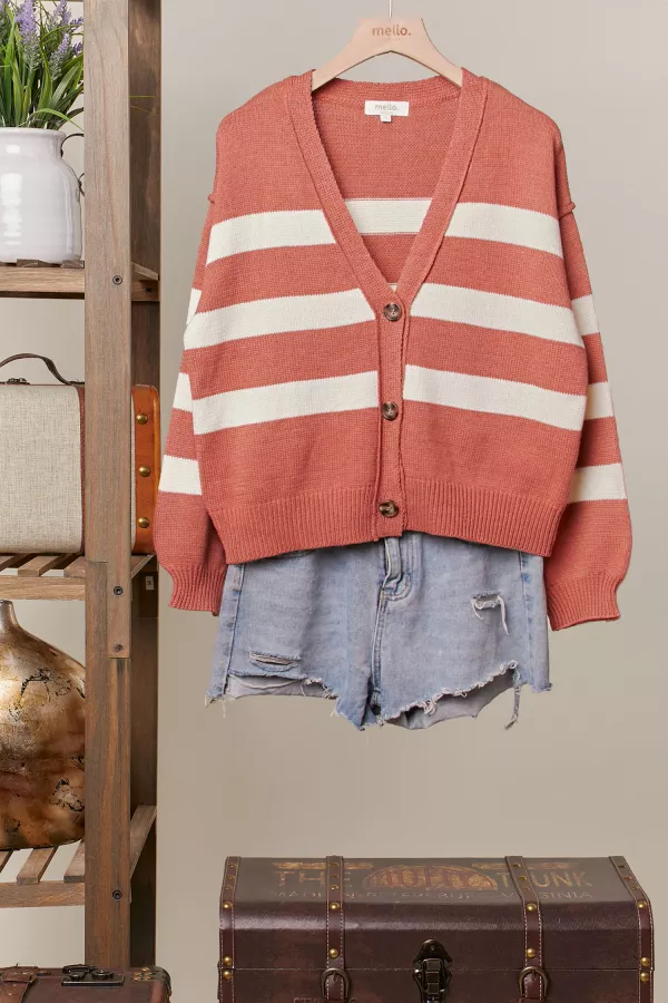 wholesale clothing striped  v neck knit cardigan mello