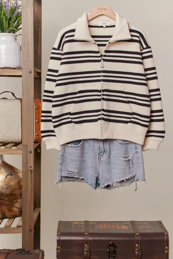 wholesale clothing striped high neck knit zip up jacket mello