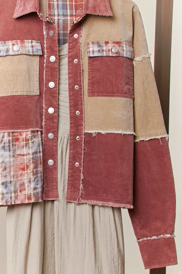 Corduroy  Color Block Plaid Shirt Jacket