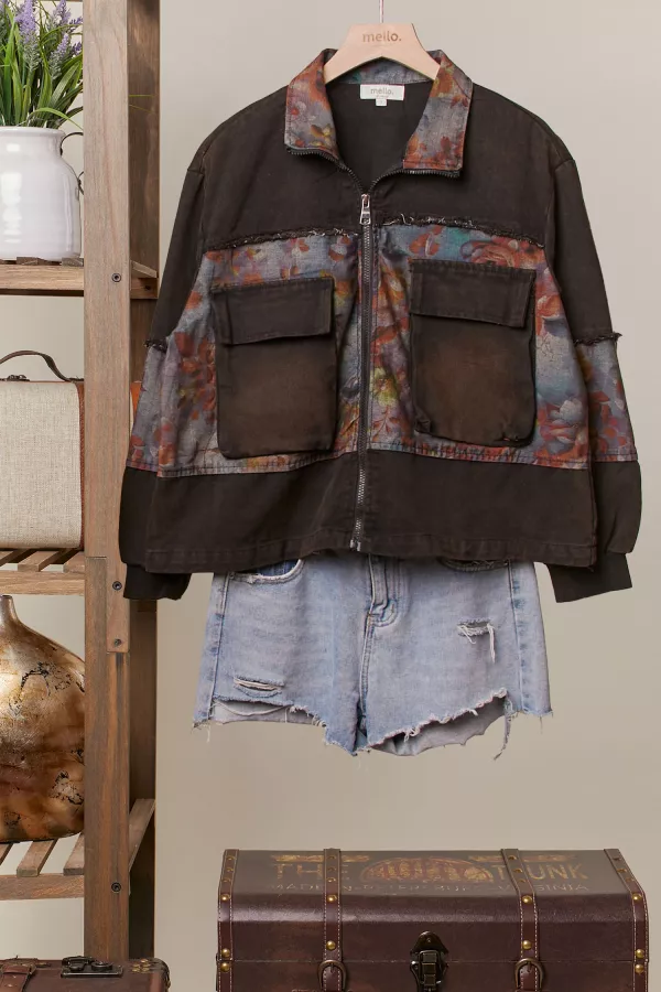 wholesale clothing denim cargo jacket with floral contrast panels mello