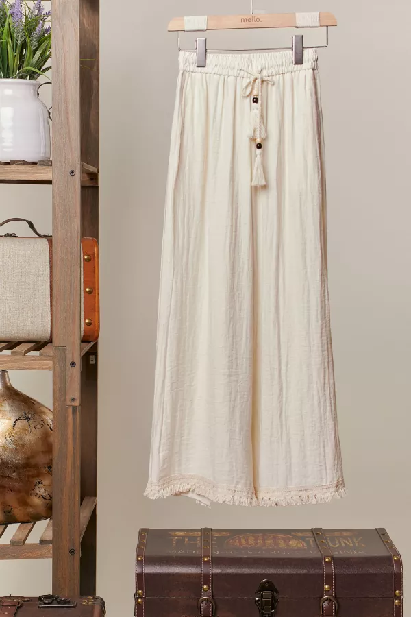 wholesale clothing wide leg pants with tassel tie and fringe hem mello