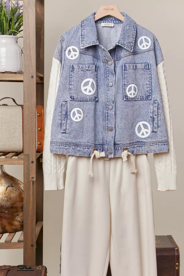 wholesale clothing peace  patchwork cable knit sleeve denim jacket mello