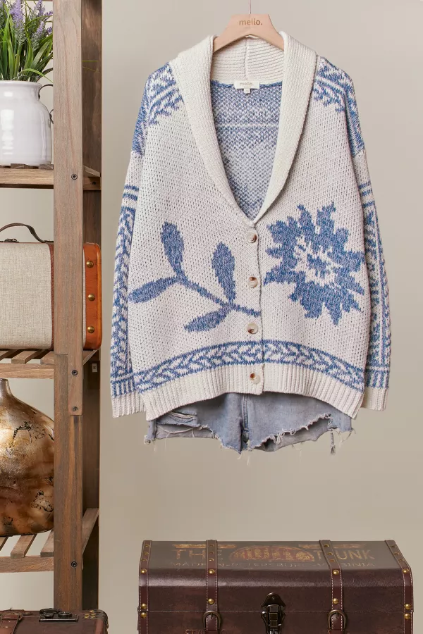 wholesale clothing shawl collar cardigan with blue floral knit mello
