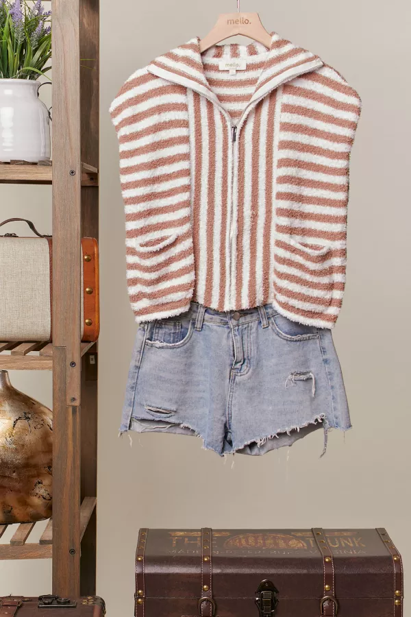 wholesale clothing cozy mocha striped zip-up vest mello