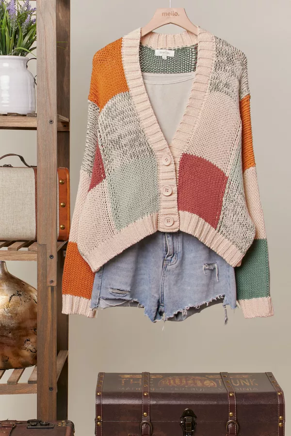 wholesale clothing color block crochet v neck cardigan mello