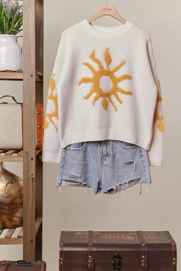 wholesale clothing cozy knit sweater with bold yellow sun patch mello