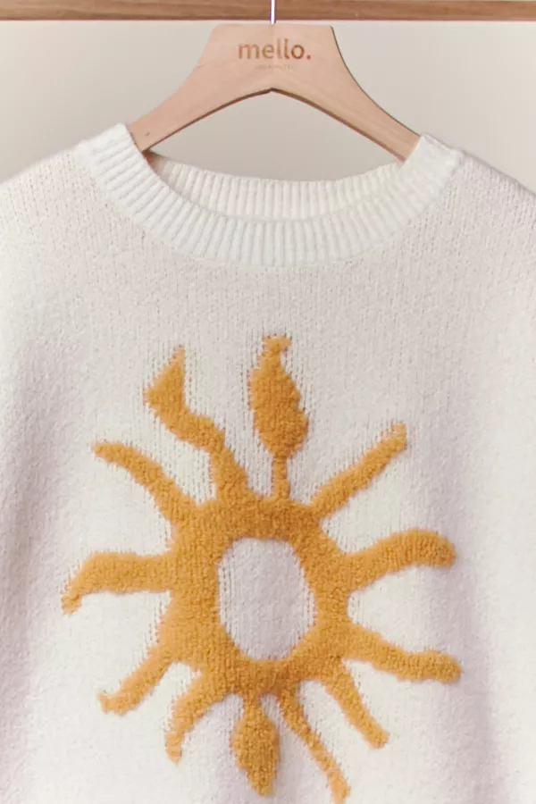 Cozy Knit Sweater with Bold Yellow Sun Patch