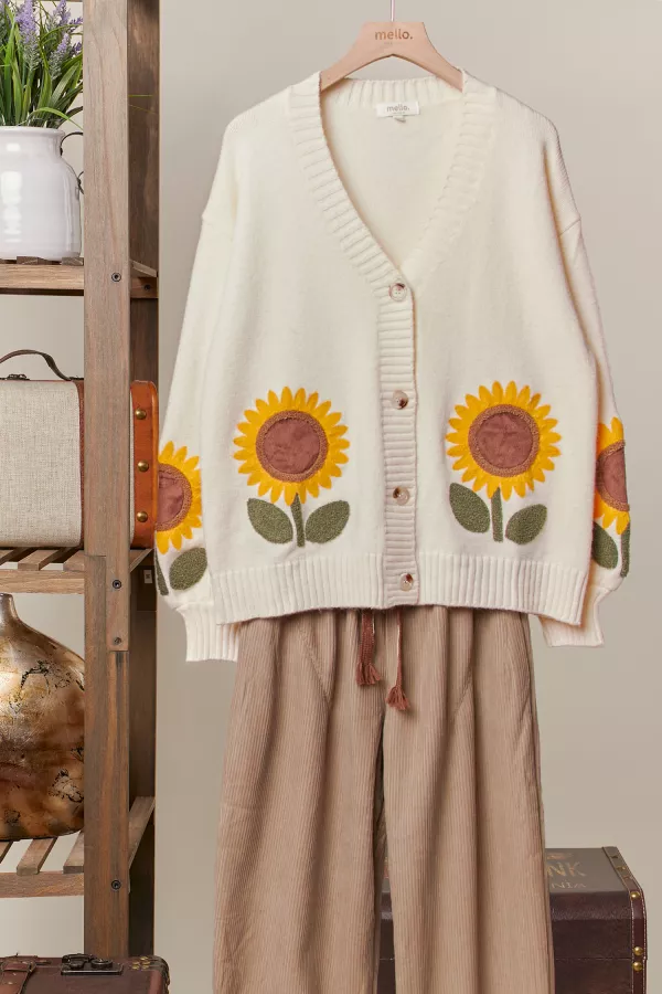 wholesale clothing sunflower embroidered v neck cardigan mello