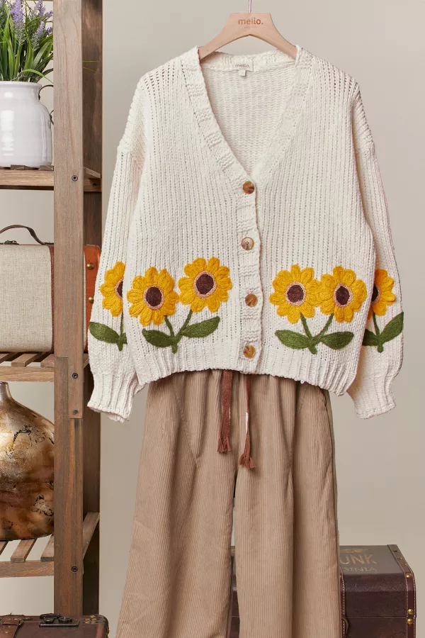 wholesale clothing sunflower embroidered v neck cardigan mello