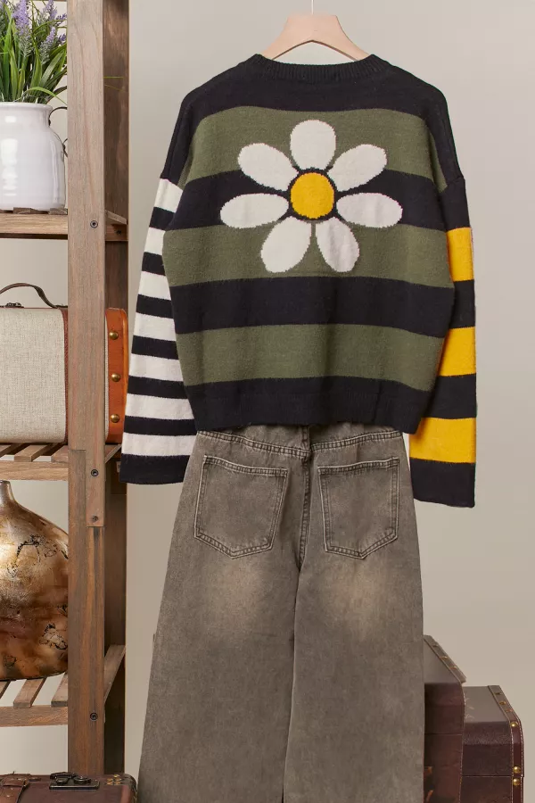 wholesale clothing casual striped with daisy patch back sweater mello