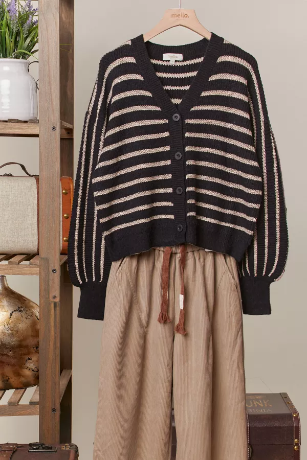 wholesale clothing gold foil stripe button-up knit cardigan mello